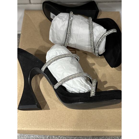 Steve Madden Libbie Black Nubuck 4.5” High Sandals, Rhinestone Straps Size 7.5 - Picture 15 of 16